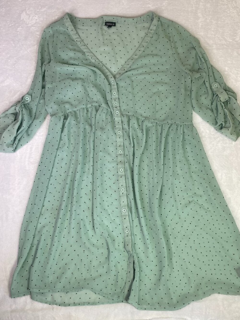 Torrid Mint Green Polka Dot Sheer Shirt Dress Tunic Roll Tab Sleeve Size 2 2X